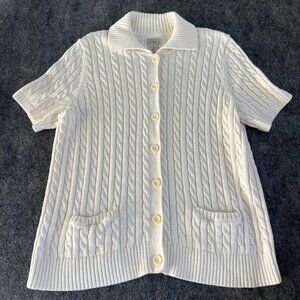 LL Bean Womens Sz 2X White Cable Knit Sweater Short Sleeves Button Front Preppy